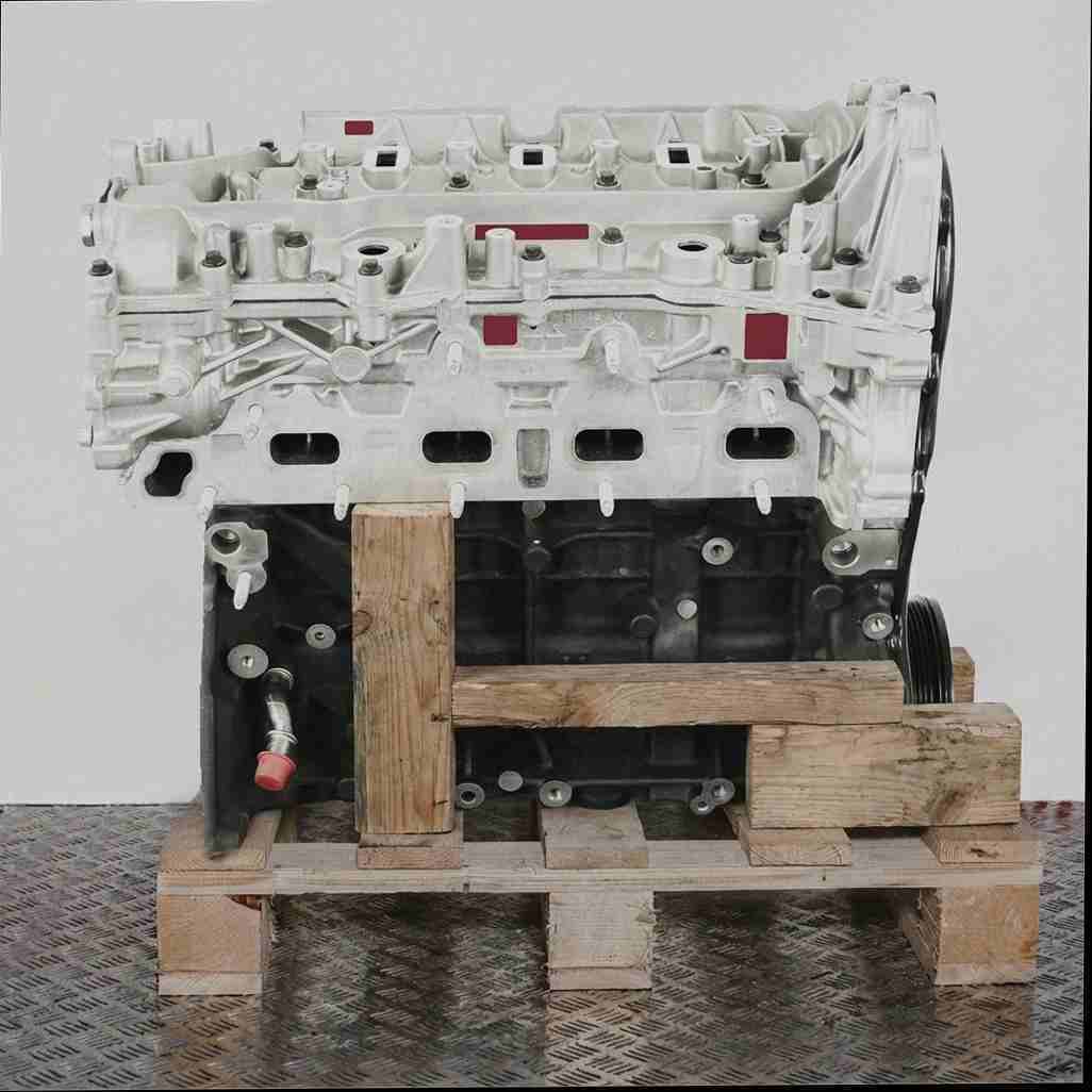 Moteur OM 622.851 sur palette en bois sur fond blanc. Les parties supérieure argentée et inférieure noire du moteur sont visibles.